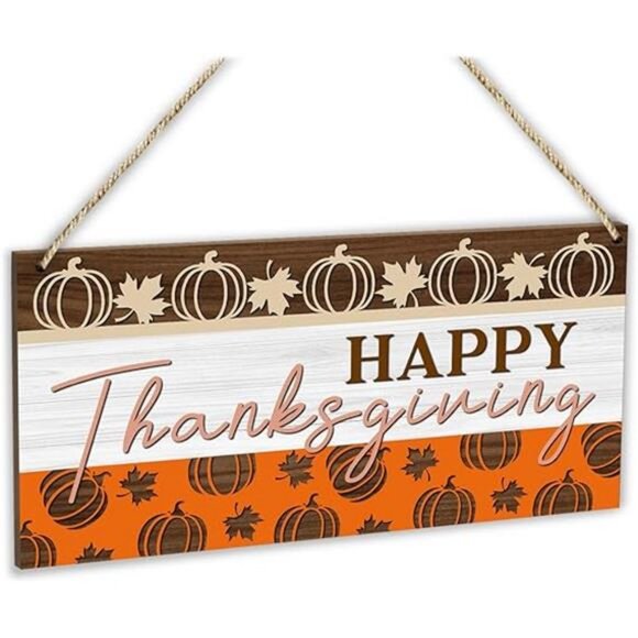 Maple Leaf Pumpkin Fall Happy Thanksgiving Hanging Sign Wooden Home Decor - Picture 6 of 6